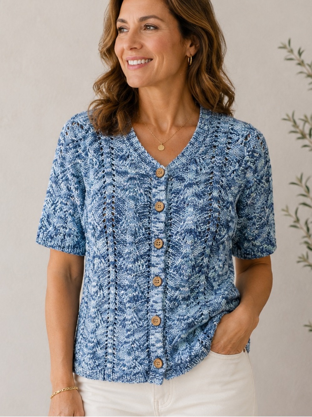 Coldwater Creek 100% cotton Blue Marled Short-Sleeve Knit Cardigan L